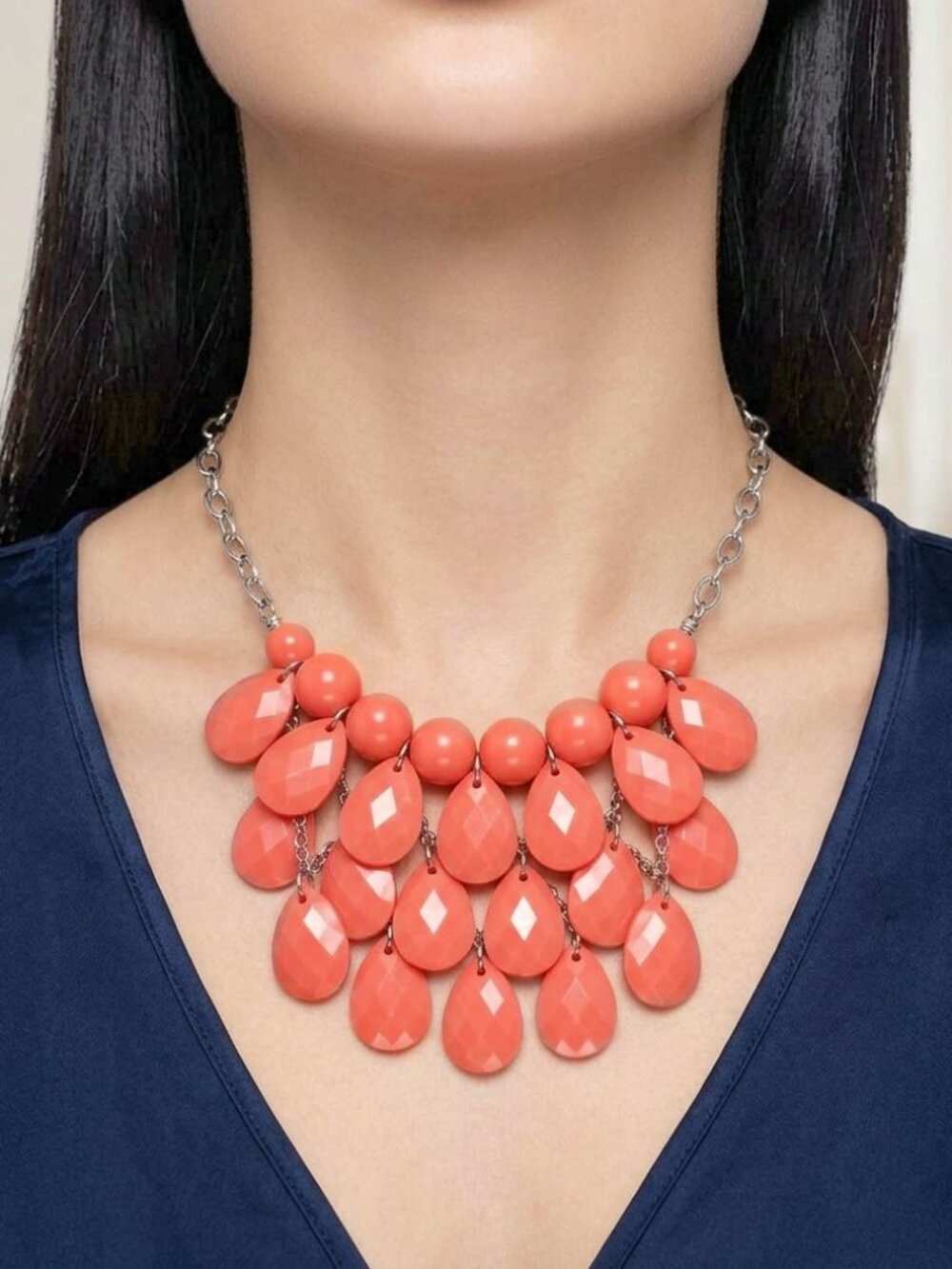 Faceted Acrylic Salmon Colored Teardrop Briolette Bead Bib Choker Necklace